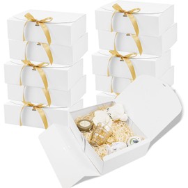 Kit de 10 Cajas de Regalo con Tapa – 27x20x8 cm Cartón Resistente, Incluye 10 Tarjetas de Felicitación – Plegables y Fáciles de Almacenar – Ideales para Bodas, Cumpleaños, Navidad y Fiestas (Blanco)