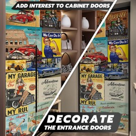 LiveInUrban Self Adhesive Leather Effect Textured Vinyl Door Mural, Peel and Stick Door Decals Sticker for Bedroom Living Room Kitchen Home Decor,Vintage Vehicle Poster, 15.19"X78.74"X2PCS