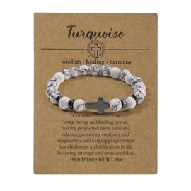 Natural Stone Christian Cross Gifts for Women Men Healing Crystal Turquoise Bracelet Faith Easter Catholic Religious Stretch Bracelets Stress Relief Anxiety Yoga Bracelet For Teens-White Spots