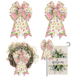 Hying 2PCS Spring Rose Bows for Wreath, Burlap Flower Wreath Bows for Spring Summer Décor Village Countryside Pink Rose Bows for Front Door Indoor Outdoor Wall Tree Topper Decoration Supplies Ornament