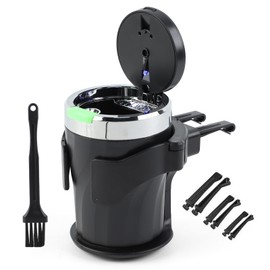 Geoyien Car Ashtray with Lid, Odour-Proof, with Holder and Cleaning Brush, Automatic LED Light, Sealed, Flame Retardant, Large Capacity
