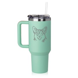 Daylor 40 oz Tumbler with Handle and Straw Lid Stainless Steel Insulated Travel Mug Cup Corgi Face (Sea Foam Green)