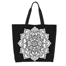 Cuczpau Canvas Tote Bag Mandala Black Large Casual Women Shoulder Bag Handbag Reusable Shopping