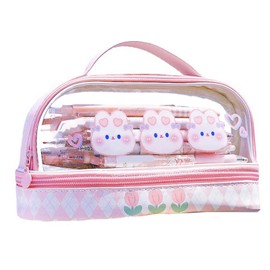 LJCM Transparent Pencil Case Bag, Waterproof, Durable, Multi Use, Easy Clean (Pink Bunny Rabbit)