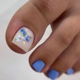 Blue Press on Toenails Flower Fake Toenails Short Square False Toenails Spring Summer Acrylic Toe Nails Full Cover Matte Glue on Toe Nails Floral Stick on Toenails Cute Toe nails for Women Manicure