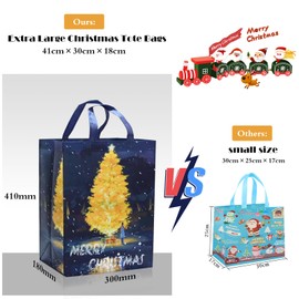 Christmas Tote Bags - 4 Pack Large Christmas Bags with Light -Emitting Christmas Tree God Handle Non-woven Fabric Gift Present Bag，ADQUATOR Xmas Shopping Bag for Adult Gift Recipients