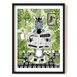 Parmaro Zebra on Toilet Print, Zebra Reading Newspaper Bathroom Print, A4 UNFRAMED Print, Animal on Toilet Print, Botanical Green Print Tropical Bathroom Decor