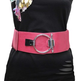 Gloop Women's Waist Belt Elastic Belt 8 cm Wide Waist Belt Silver Ring, pink