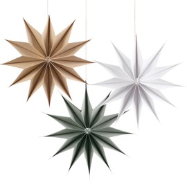 SUNBEAUTY 3 Pcs 12-Pointed Paper Star Brown Grey White Lanterns 12 Inch Christmas Hanging Lamp Shade Wedding Birthday Christmas Home Party Decorations