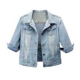 Hixiaohe Women Autumn 3/4 Sleeve Retro Short Denim Jackets Light Blue Jean Coats (Light Blue, l)