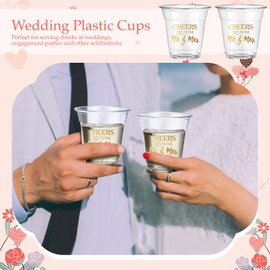 Rtteri 100 Pack Mr and Mrs Plastic Cups 10 oz Wedding Bridal Shower Disposable Cups Bulk Clear Engagement Reception Drinking Cups Wedding Party Favors Supplies(Gold)