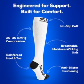SB SOX Compression Socks for Men & Women (20-30 mmHg) - Best Support Stockings for Travel, Medical, and Sports - Perfect for Everyday Wear (Large, White/Black)
