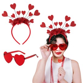 couduan 2 Pcs Valentine's Day Party Favors,Red Heart Sequin Headband and Heart Sunglasses,Sequin Headband with Tinsel Heart Headband,Rimless Glasses for Holiday Wedding Birthday Party Valentines Day