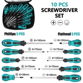 10-piece magnetic screwdriver set, includes 5 Phillips screwdrivers and 5 slotted screwdrivers, with magnetizer, screwdriver set for attaching and loosening (10)