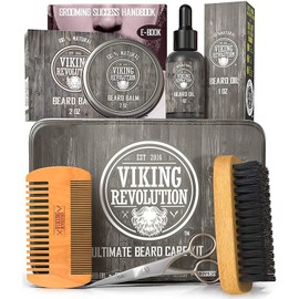 Viking Revolution Kit de cuidado de barba para hombres: el kit de aseo de barba definitivo incluye cepillo de barba 100% jabalí, peine de barba de mad