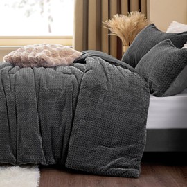 ChiXpace Fluffy Twin Comforter Set - Furry Grey Leaves Pattern Faux Fur Bed Set, Winter Ultra Soft Fuzzy Comfort Set, Velvet Bedding Set for Bed with 1 Pillow case
