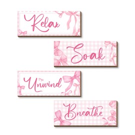 Bow Room Decor - 4PCS Coquette Pink Bow Bathroom Wall Decor, Boho Preppy Wooden Wall Hanging Signs With Inspirational Quotes Relax Soak Unwind Breathe, Wooden Wall Art for Home Laundry Spa Room