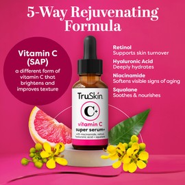 TruSkin Vitamin C Super Serum for Face - Five Skin Benefits in One Serum with Vitamin C, Retinol, Niacinamide, Hyaluronic Acid & Squalane - Brighten, Firm & Smooth the Look of Skin, 2 Fl Oz
