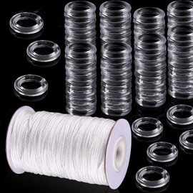WTTUOAM 100 Pieces Clear Roman Curtain Rings Blind Roman Ring and 55 Yards Roman Blind Cord 8-13 mm Transparent Plastic Rings 1.8 mm White Braided Lift Shade Cord for DIY Roman Curtains