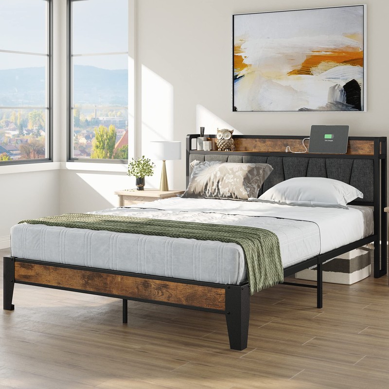 LIKIMIO Queen Bed Frame, Storage Headboard with Charging Station, Solid