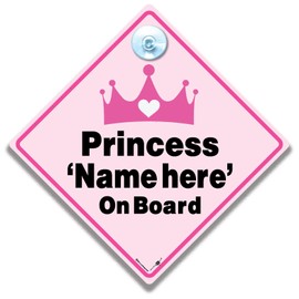 Personalisierbares Autoschild mit Aufschrift "Princess Baby on Board", rosa Krone, 14 x 14 cm