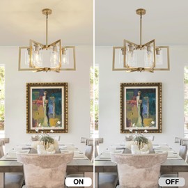 6 Light Brushed Gold Chandelier, 24" Farmhouse Chandeliers for Dining Room, Metal Geometric Hanging Light Fixture with Clear Glass Shade Modern Lighting for Kitchen Island Living Room Foyer Porch