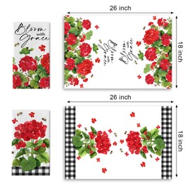 Uruney Spring Summer Geranium Flower Kitchen Dish Towels Set of 2, Red Flower Bloom with Grace Drying Hand Towels Baking Cooking Cloth, Floral Bee Plaid Farmhouse Home Kitchen Decoration 18x26 Inches