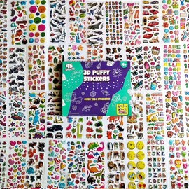 Puffy Stickers for Kids 45 Sheets - 3D Puffy Sheets - 1300+ Kids Stickers - Perfect for Party Bag Fillers, Sticker for Scrapbooking, Fun with Sticker of Cars, Letters, Numbers, Dinosaur, Stars & More