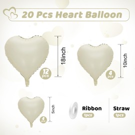 Cream Heart Balloons, Heart Shaped Balloons, 20 Pcs 5/10/18 inch Beige Foil Love Balloons for Valentine's Day Decorations Wedding Engagement Bridal Showers Anniversary Boho Celebrations