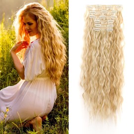 Cybelleza Blonde Hair Extensions Clip in Long Curly Ombre Clip in Hair Extension Wavy 6PCS 20" Full Head Hairpieces Synthetic Fibre for Women, Natural Blonde/Bleach Blonde