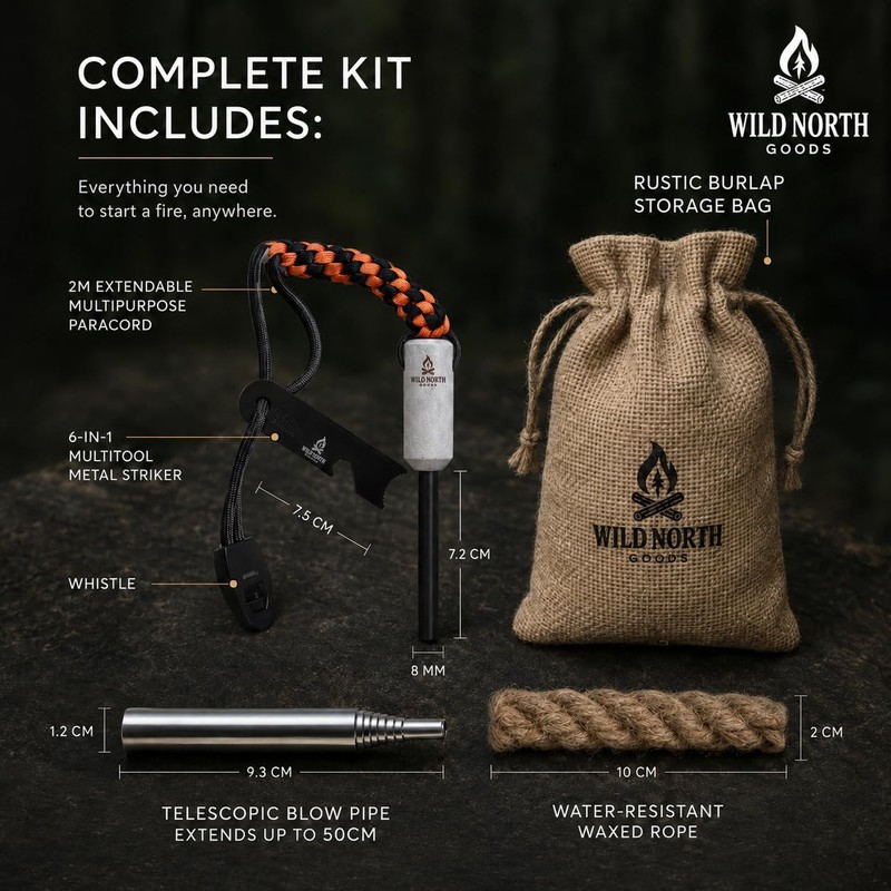 Wild North Goods Fire Starter Kit - Ferro Rod, Striker,