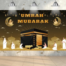 YLQQYL Umrah Mubarak Banner, 71×43 Inch Large Photo Booth Ramadan Mubarak Banner, Hajj Kaaba Background Ramadan Decorations for Home lslamic Muslim Eid Al-Fitr Party Favors