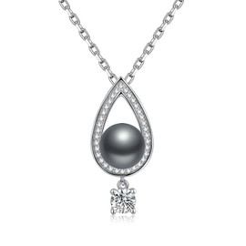 jiamiaoi 18K White Gold Plated Pearl Chain 925 Silver Pearl Pendant Necklace with Pearl Necklace 925 Silver Chain with Pearl Earrings Pearl Jewellery for Women Ladies, Cubic Zirconia