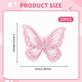Qiyuda 20 Pcs Pink Butterfly Hair Clips, Cute Lace Embroidery Flower Butterfly Barrettes Hair Bow Clip (5.5 cm/2 inches)