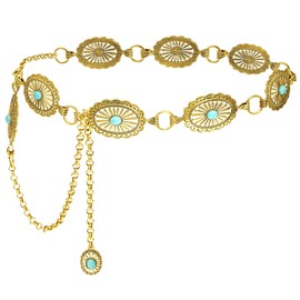 Putcuku Women Western Belt Concho Chain Belts Bobo Turquoise Waist Chain Cowgirl Metal Belts (Gold-S)