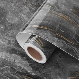 Skyblur Black/Gold Marble Contact Paper for Countertops Slate Gold Marble Wallpaper Peel and Stick Glossy Waterproof Marble Wall Paper for Cabinets Shelf Self Adhesive Renter Friendly 15.7"X78.8"