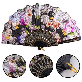 Handheld Floral Folding Fans (1, Black)