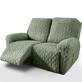 vctops 6 Pieces Geometric Jacquard Plush Recliner Loveseat Slipcovers Soft Fuzzy Fluffy Sofa Couch Cover Anti-Slip Furniture Protector with Elastic Bottom for Kids Cats Dogs(Green,2 Seat)