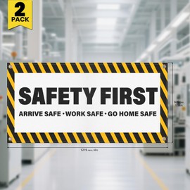 YIKIADA 2 Pack Safety First Banners Arrive Work Go Home Safe Sign with Grommets 4 × 2 Feet Fabric Polyester Fade Resistant Caution Warning Signage for Workplace Warehouse Factory