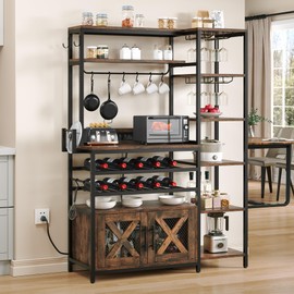 YITAHOME Large Wine Rack, Industrial Bakers Rack w/Power Outlet, 6-Tier L Shaped Liquor Bar Cabinet Unit for Home w/Glass Holder, Corner Coffee bar Cabinet for Home, Rustic Brown