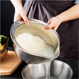 Rice Washer Strainer Bowl - 4-in-1 Washing Bowl for Quinoa, Stainless Steel Side Drainers Colander for Cleaning and Rinsing Fruits, Vegetables, and Beans - Versatile Kitchen Tool