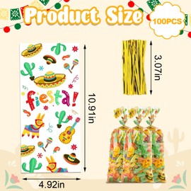 Hying 100 PCS Mexican Fiesta Cellophane Bags with Twist Ties for Gift, Cinco de Mayo Cello Bag Cactus Sombrero Guitar Fiesta Candy Bags Festival Treat Bags for Cookie Candy Goodies Wrapping Supplies