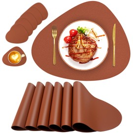 Faux Leather Fall Placemats Set of 6 Wipeable Washable Place Mats for Round Table Table Mats for Kitchen Dining Patio, Heat Resistant Easy to Clean Oval Brown Placemat