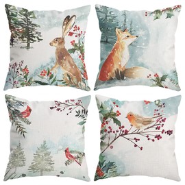 PUHEI Rustic Farmhouse Winter Animal Bird Fox Rabbit Decorative Throw Pillow Covers, Christmas Deer Gifts, Christmas Tree Snowflake Pillow Cases 18 x 18 Inch Kids Room Bed Sofa Decor Set of 4