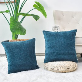 CaliTime Pack of 2 Cozy Throw Pillow Covers Cases for Couch Sofa Home Decoration Solid Dyed Soft Chenille 16 X 16 Inches Ocean Blue