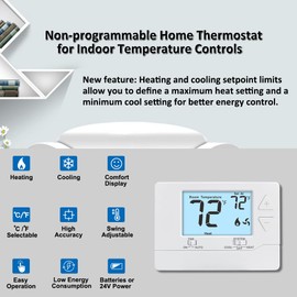 Thermostat for Home Non-Programmable Single-Stage Systems,1 Heat / 1 Cool,Easy DIY,White Backlight