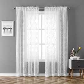 VISIONTEX Sheer Curtains 63 Inches Long 2 Panels Set, White Moroccan Embroidery Texture Geometric Rod Pocket White Voile Tulle Semi Window Treatment Pair for Bedroom, W54 x L63