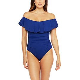 La Blanca Women's Standard Island Goddess Off Shoulder Ruffle One Piece Swimsuit, Blueberry, 0