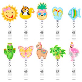 10 Pcs Summer Badge Reels Nurses Felt Embroidered Retractable Badge Reel Holder with Alligator Clip Flamingo Hawaii Flip Flops Palm Tree Pineapple Alpaca Cactus Badge Reel for Nurse (Animal Plant)