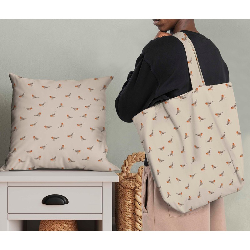Soimoi White Velvet Fabric American Robin Bird Print Fabric by